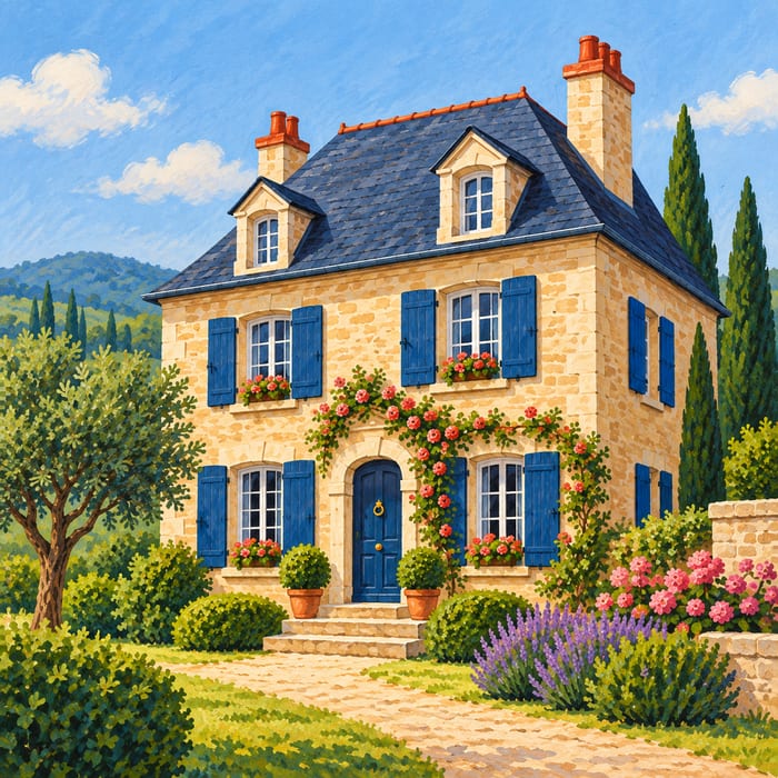 Belle maison en pierre, fleurie