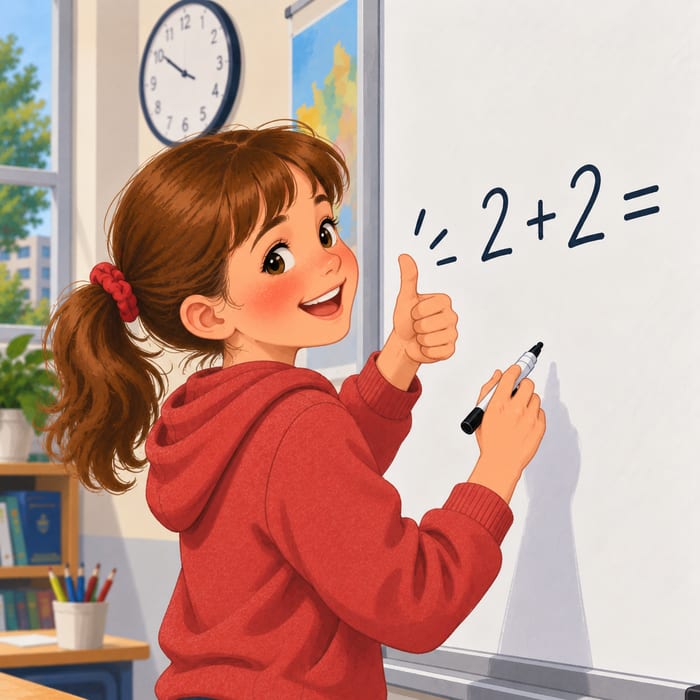 Fillette qui résout 2 + 2 au tableau
