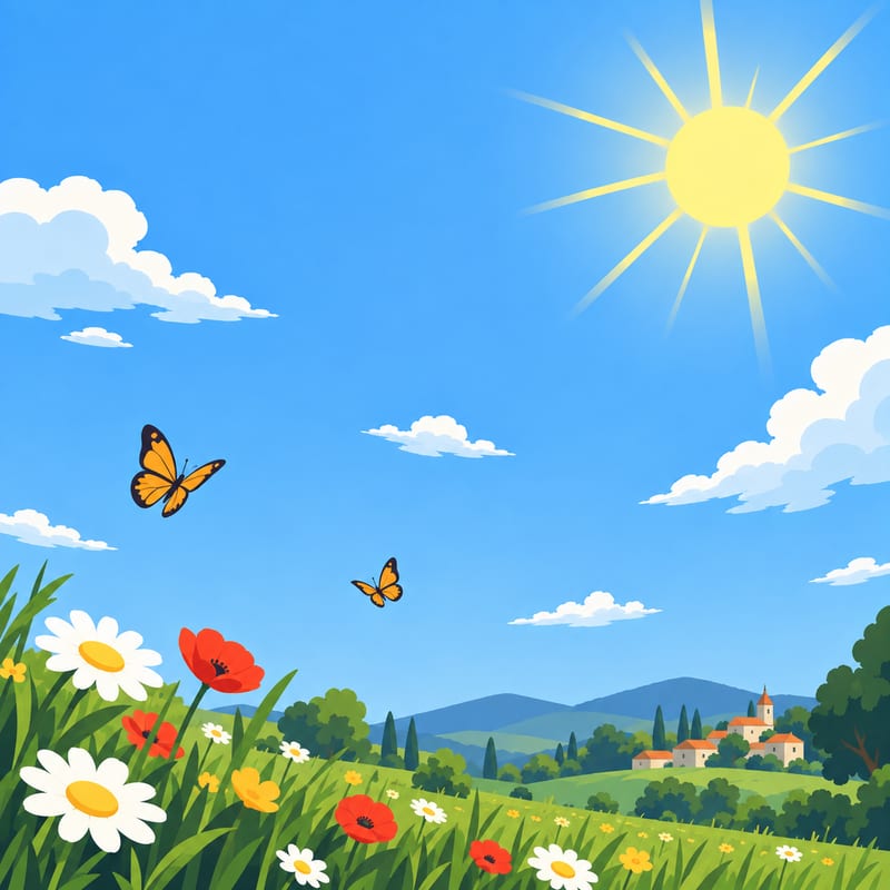 Une prairie fleurie sous le soleil, avec des papillons et un village