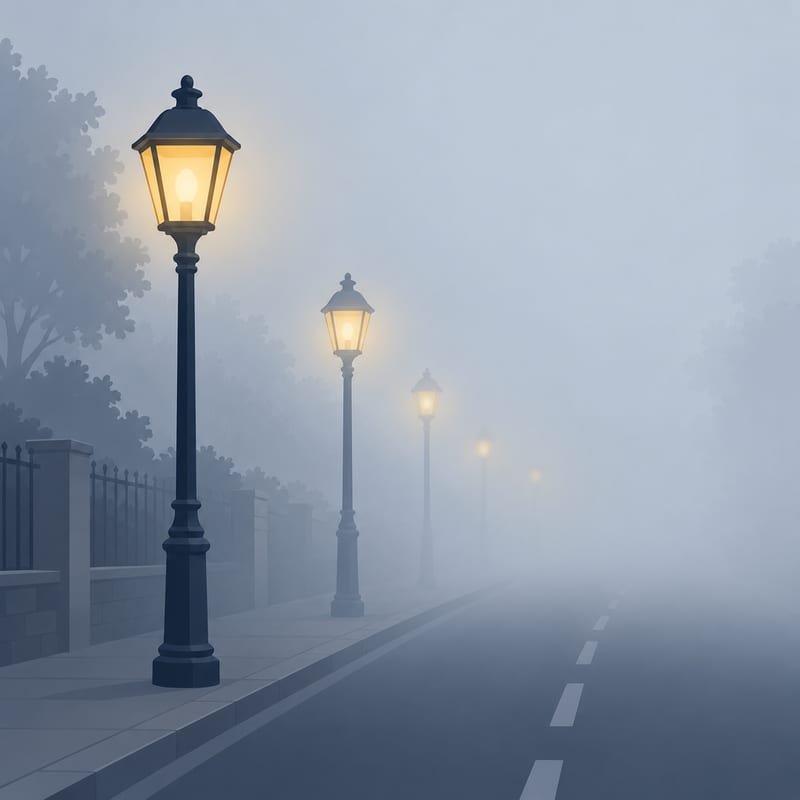 Une rue bordée de réverbères dans le brouillard