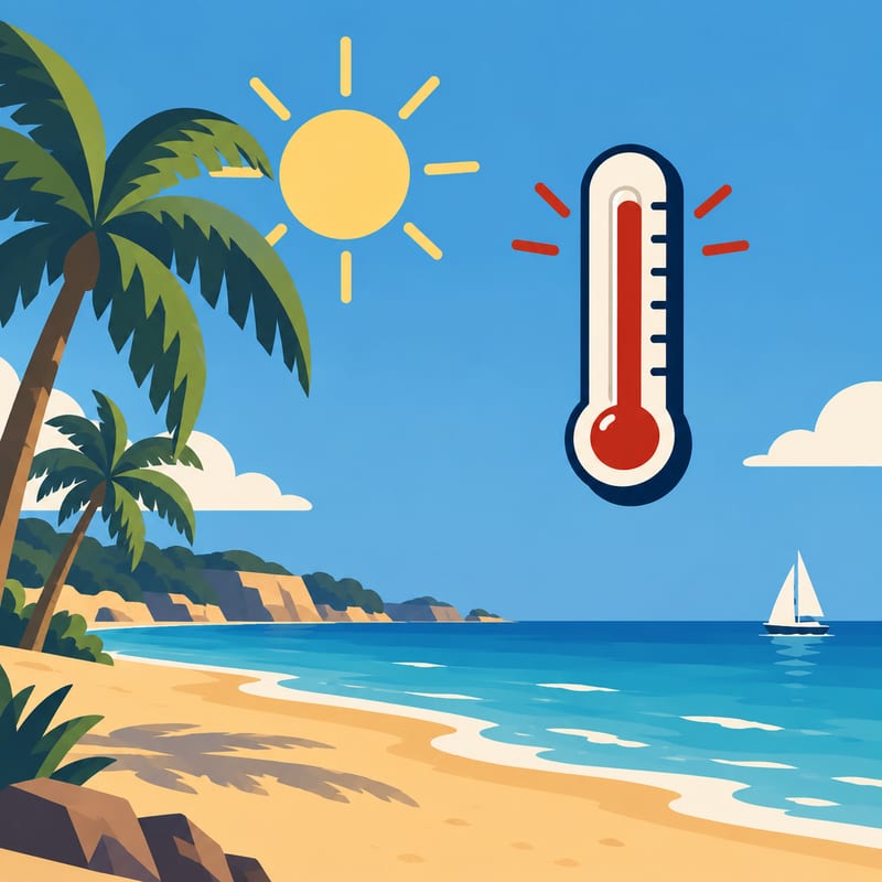 Une plage ensoleillée et un thermomètre rouge