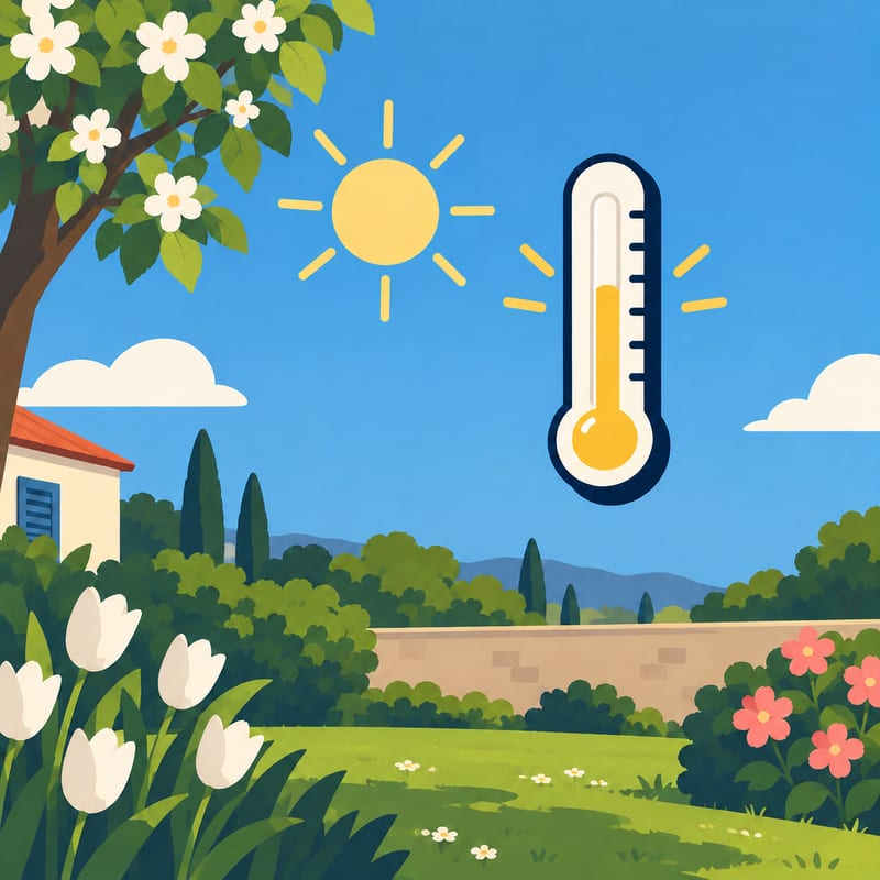 Un jardin fleuri au printemps et un thermomètre jaune