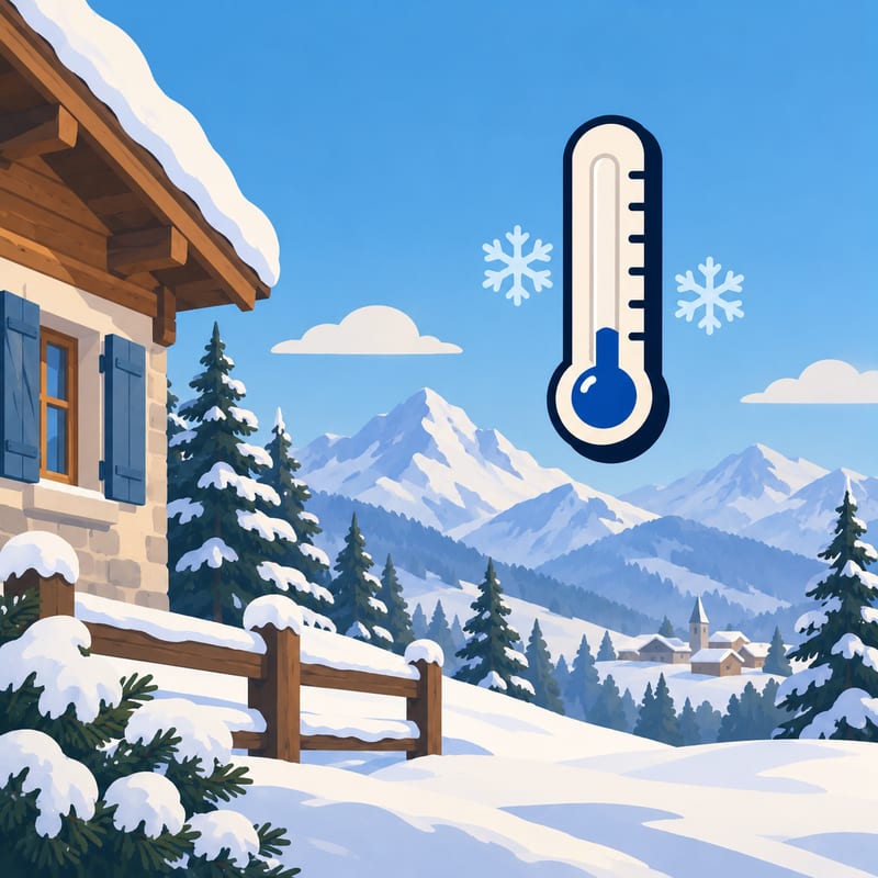 Un chalet sous la neige et un thermomètre bleu