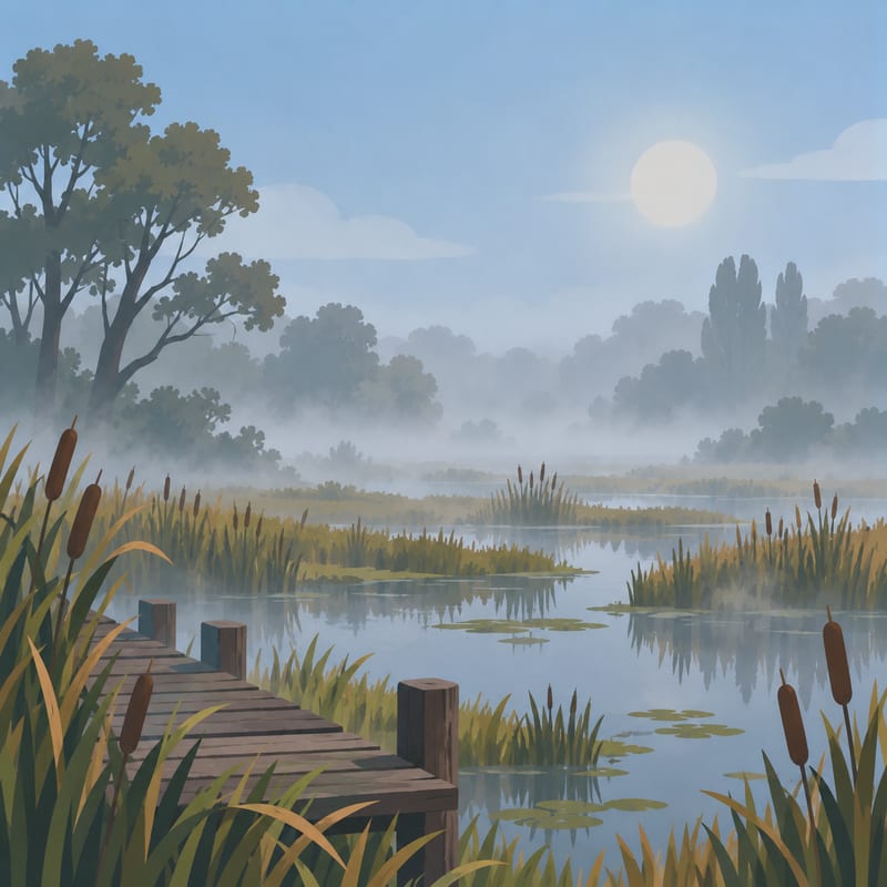 Un marais dans la brume, avec des roseaux et un ponton