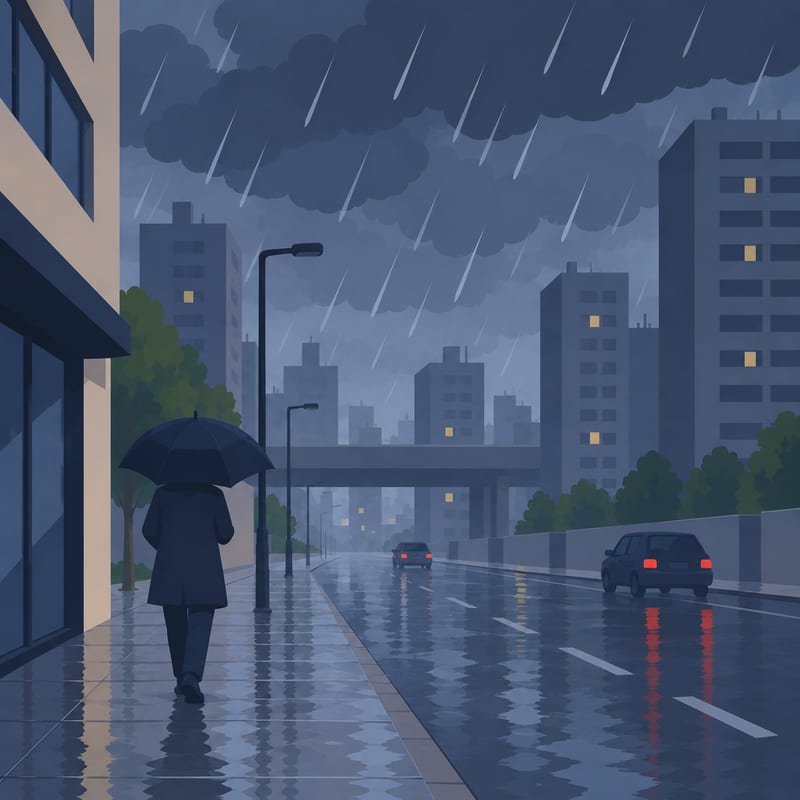 Un passant sous un parapluie dans une rue sous la pluie